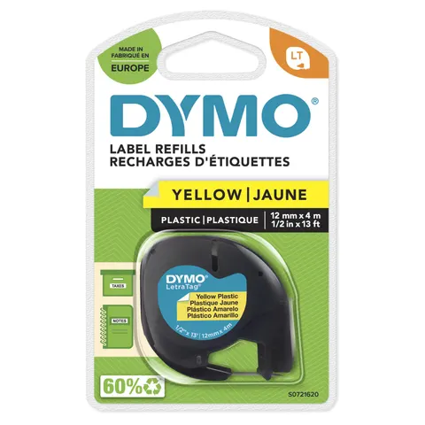 DYMO Branded LetraTag Plastic Labels | 12 mm x 4 m Roll | Black Print on Yellow | MultipurposeSelf-Adhesive Labels for LetraTag Label Makers