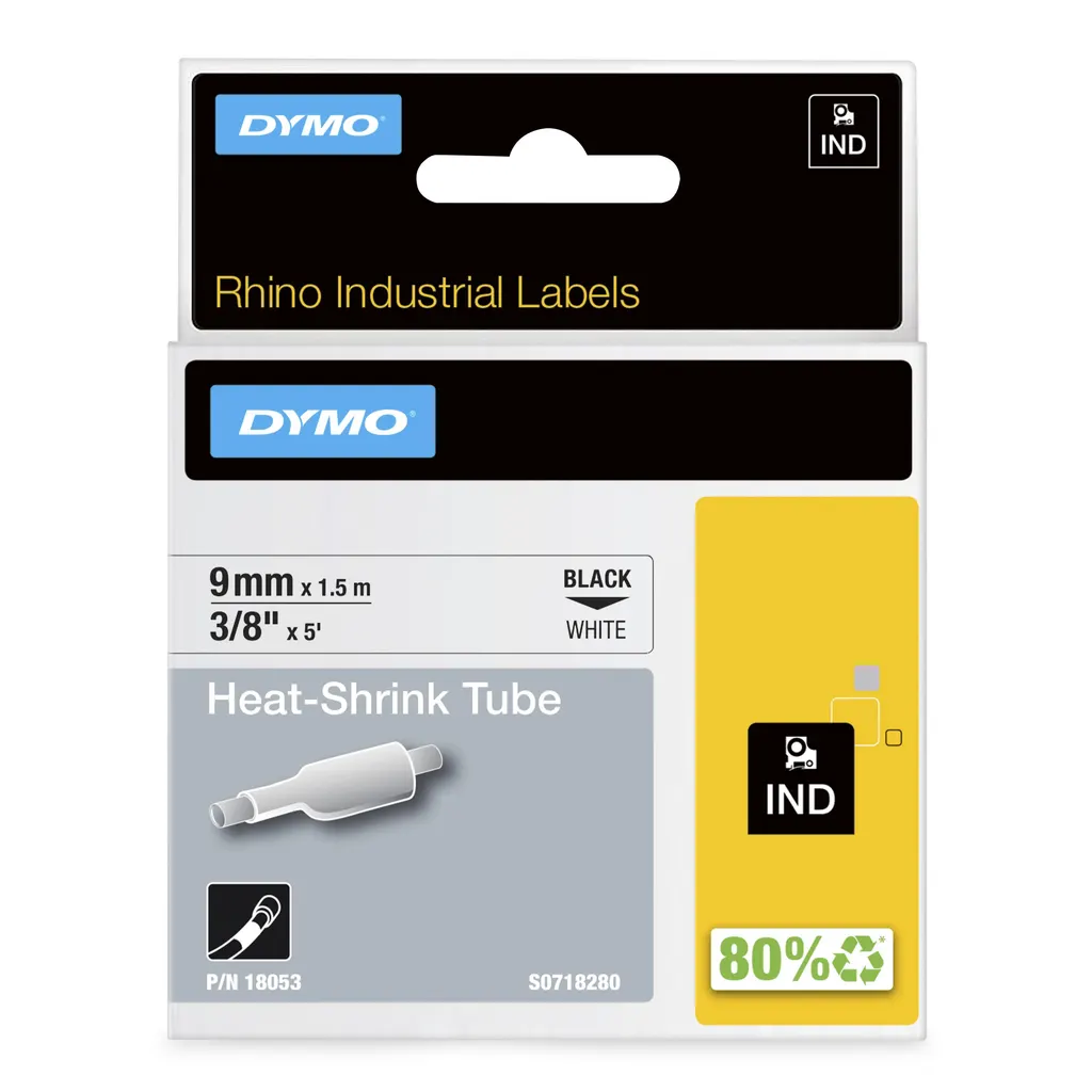 DYMO Rhino Industrial Heat-Shrink Cable Label Tubes | 9 mm x 1.5 m | Black Print on White | for Rhino Label Makers