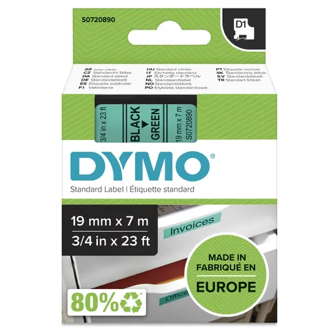 DYMO Authentic D1 Labels | Black Print on Green Tape | 19 mm x 7 m | Self-Adhesive Labels for LabelManager Label Makers | Made in Europe