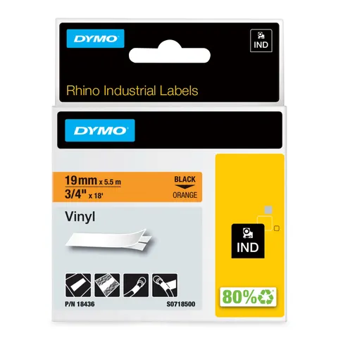 DYMO Rhino Industrial Vinyl Labels | 19 mm x 5.5 m | Black Print on Orange | Self-Adhesive | for Rhino & LabelManager Label Makers