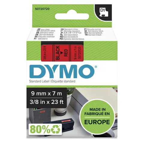 DYMO Authentic D1 Labels | Black Print on Red Tape | 9 mm x 7 m | Self-Adhesive Labels for LabelManager Label Makers | Made in Europe