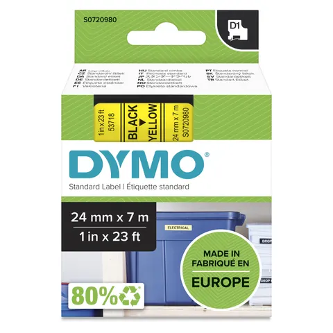 DYMO Authentic D1 Labels | 24mm x 7m Roll | Black Print on Yellow | Self-Adhesive Labels for LabelManager Label Printers