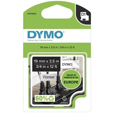 DYMO D1 High-Performance Flexible Nylon Labels | Authentic | 19 mm x 3.5 m Roll | Black Print on White | Self-Adhesive Labels for LabelManager Label Printers | Authentic
