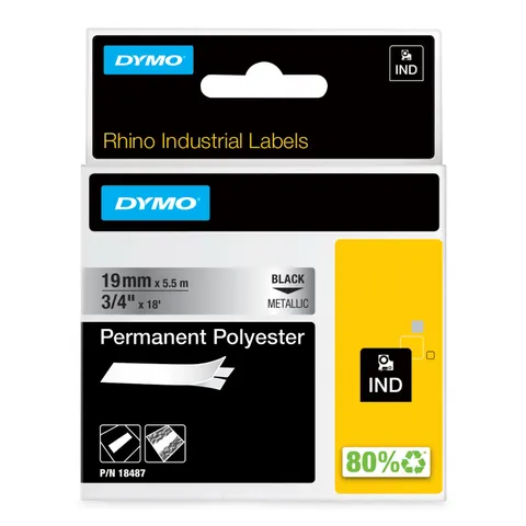 DYMO Rhino Industrial Permanent Polyester Labels | 19 mm x 5.5 m | Black Print on Metallic | Self-Adhesive | for Rhino & LabelManager Label Makers