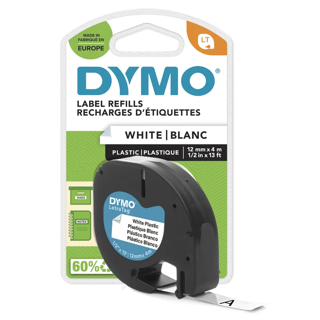 DYMO Branded LetraTag Plastic Labels | 12 mm x 4 m Roll | Black Print on White Labels | MultipurposeSelf-Adhesive Labels for LetraTag Label Makers | 1 Count