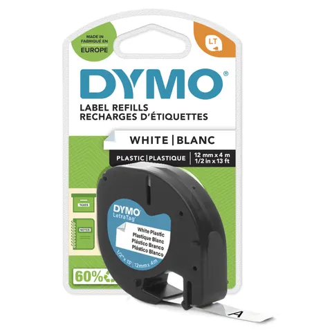 DYMO Branded LetraTag Plastic Labels | 12 mm x 4 m Roll | Black Print on White Labels | MultipurposeSelf-Adhesive Labels for LetraTag Label Makers | 1 Count