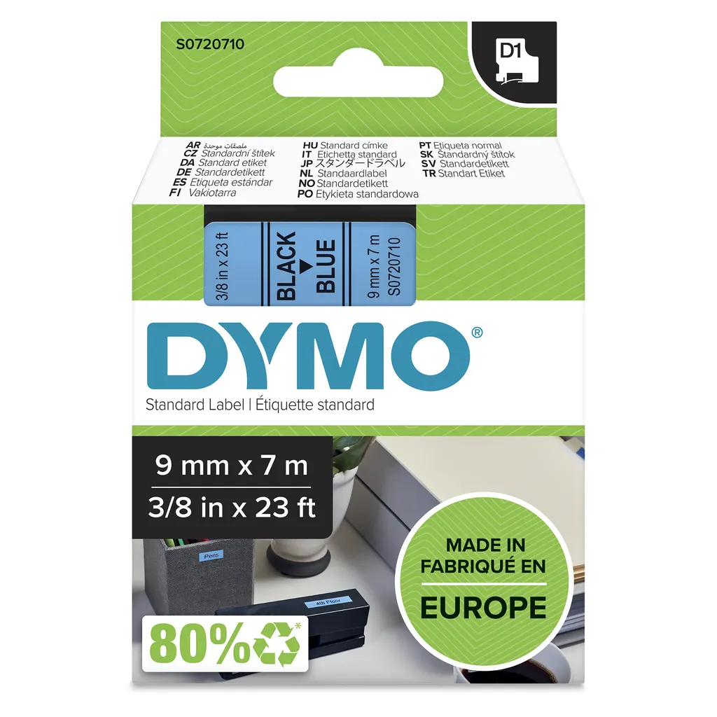 DYMO Authentic D1 Labels | Black Print on Blue Tape | 9 mm x 7 m | Self-Adhesive Labels for LabelManager Label Makers | Made in Europe