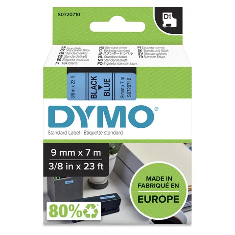 DYMO Authentic D1 Labels | Black Print on Blue Tape | 9 mm x 7 m | Self-Adhesive Labels for LabelManager Label Makers | Made in Europe
