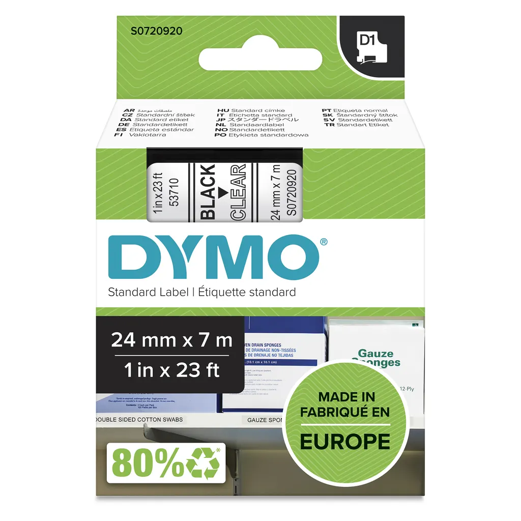 DYMO Authentic D1 Labels | 24mm x 7m Roll | Black Print on Clear | Self-Adhesive Labels for LabelManager Label Printers
