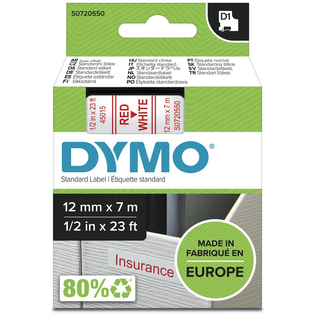 DYMO Authentic D1 Labels | Red Print on White Tape | 12 mm x 7 m | Self-Adhesive Labels for LabelManager Label Makers | Made in Europe