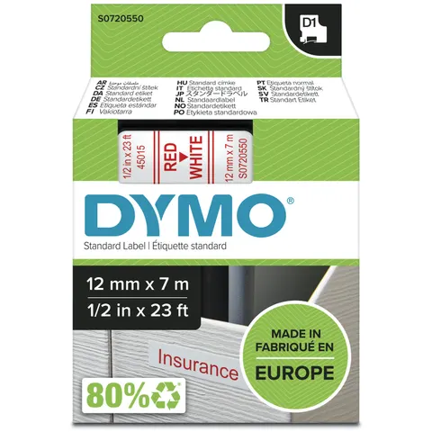 DYMO Authentic D1 Labels | Red Print on White Tape | 12 mm x 7 m | Self-Adhesive Labels for LabelManager Label Makers | Made in Europe