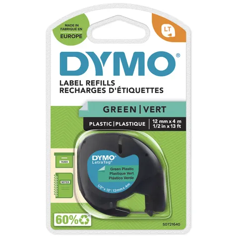 DYMO Branded LetraTag Plastic Labels | 12 mm x 4 m Roll | Black Print on Green Labels | MultipurposeSelf-Adhesive Labels for LetraTag Label Makers